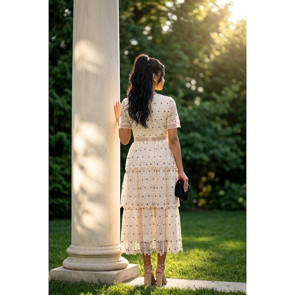 Just Me Cream Eyelet Lace Tiered Midi Dress - Picture 3 of 11